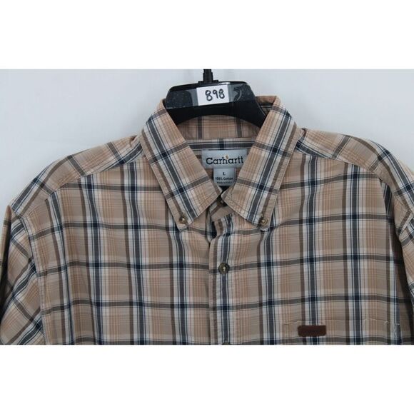 Carhartt Mens Shirt Size Large Tan Plaid Short Sleeves Button Down Pocket - Picture 2 of 5